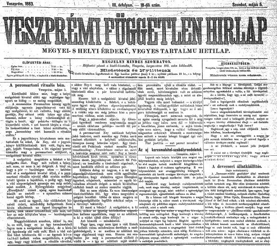„A peremartoni rituális bűn.” (Forrás: Veszprémi Független Hírlap, 1883. 05. 05., 1. o)
